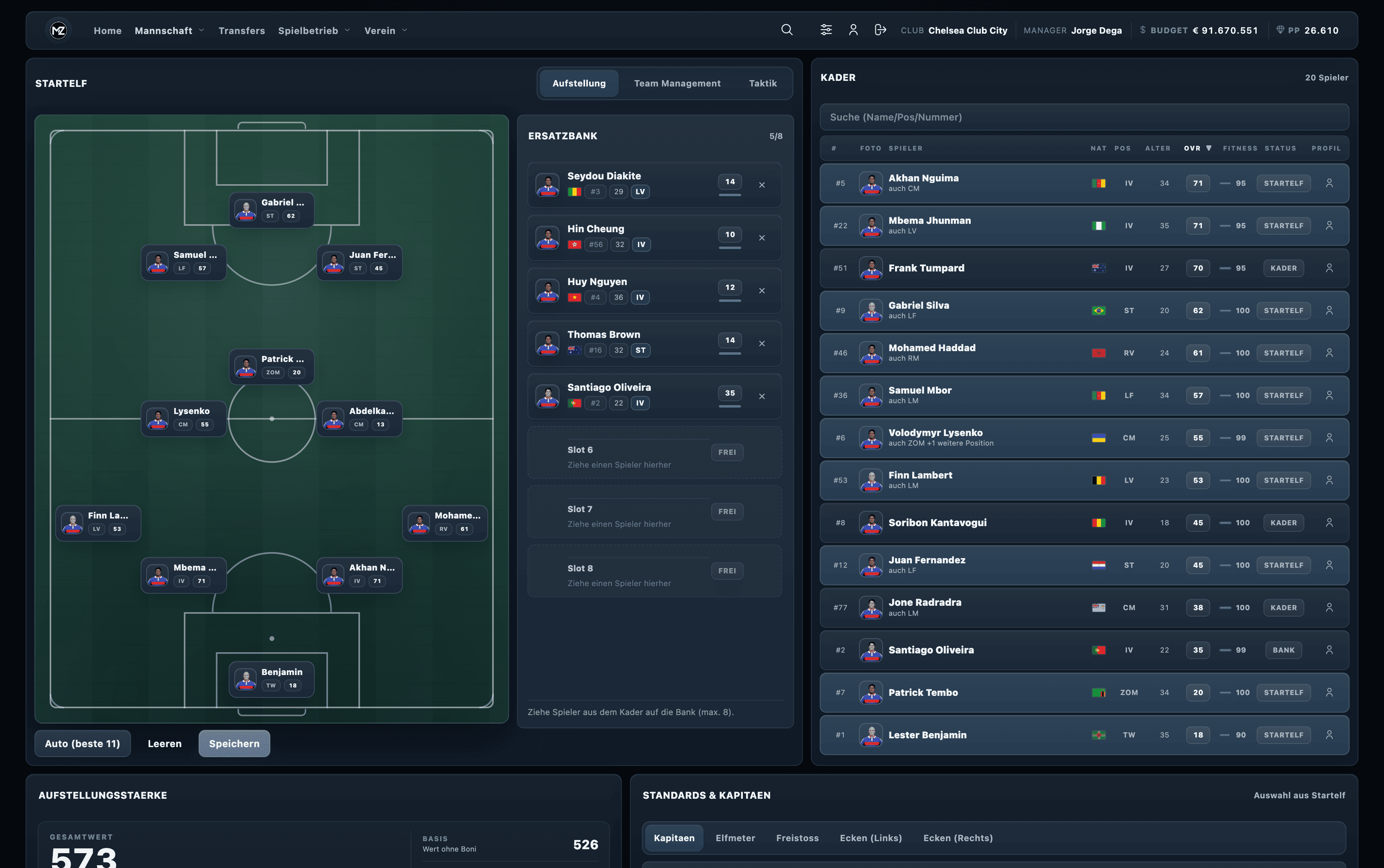 Matchday Zero lineup with pitch, starting XI, and bench