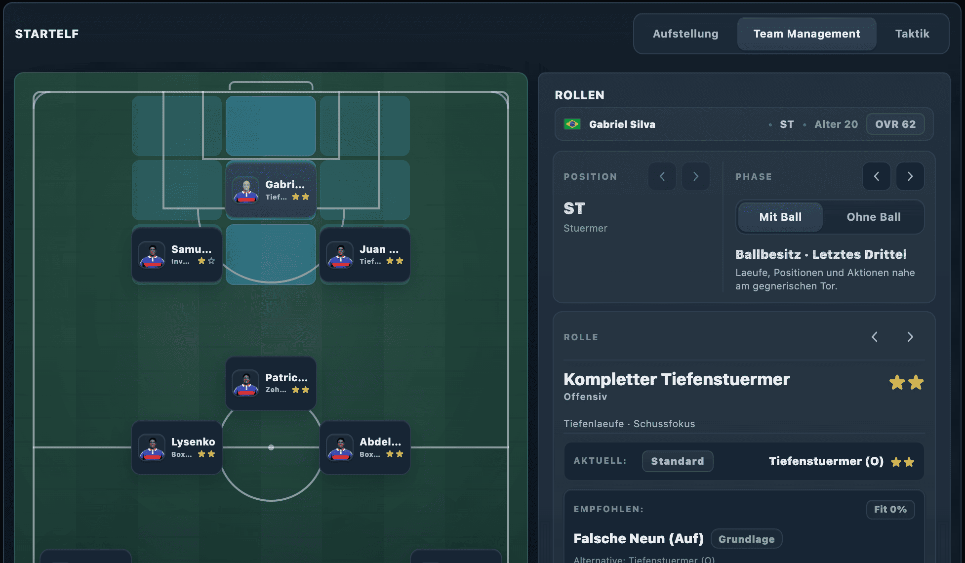 Team Management mit Aufstellung, Rollenprofilen und taktischen Phasen in Matchday Zero