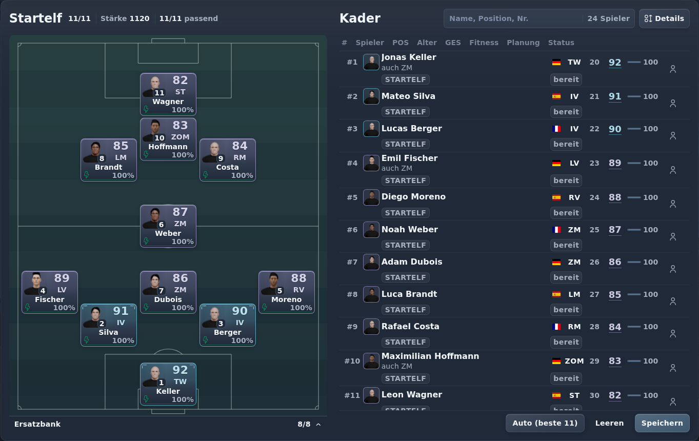 Startelf und Kader vor dem Spiel vorbereiten.