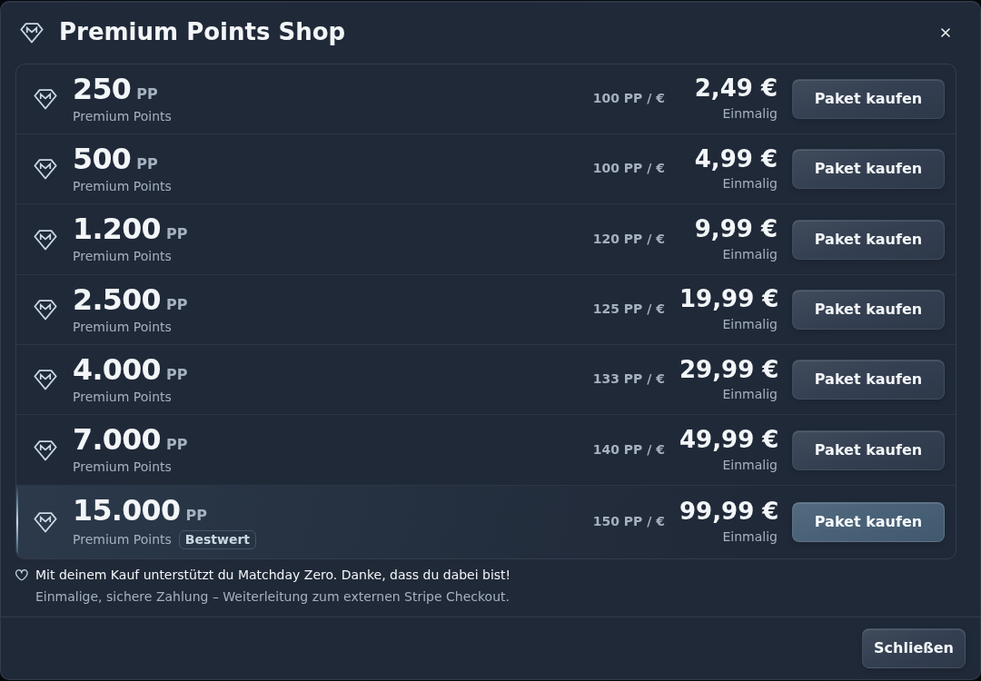 Premium-Points-Pakete mit Preisen im Shop