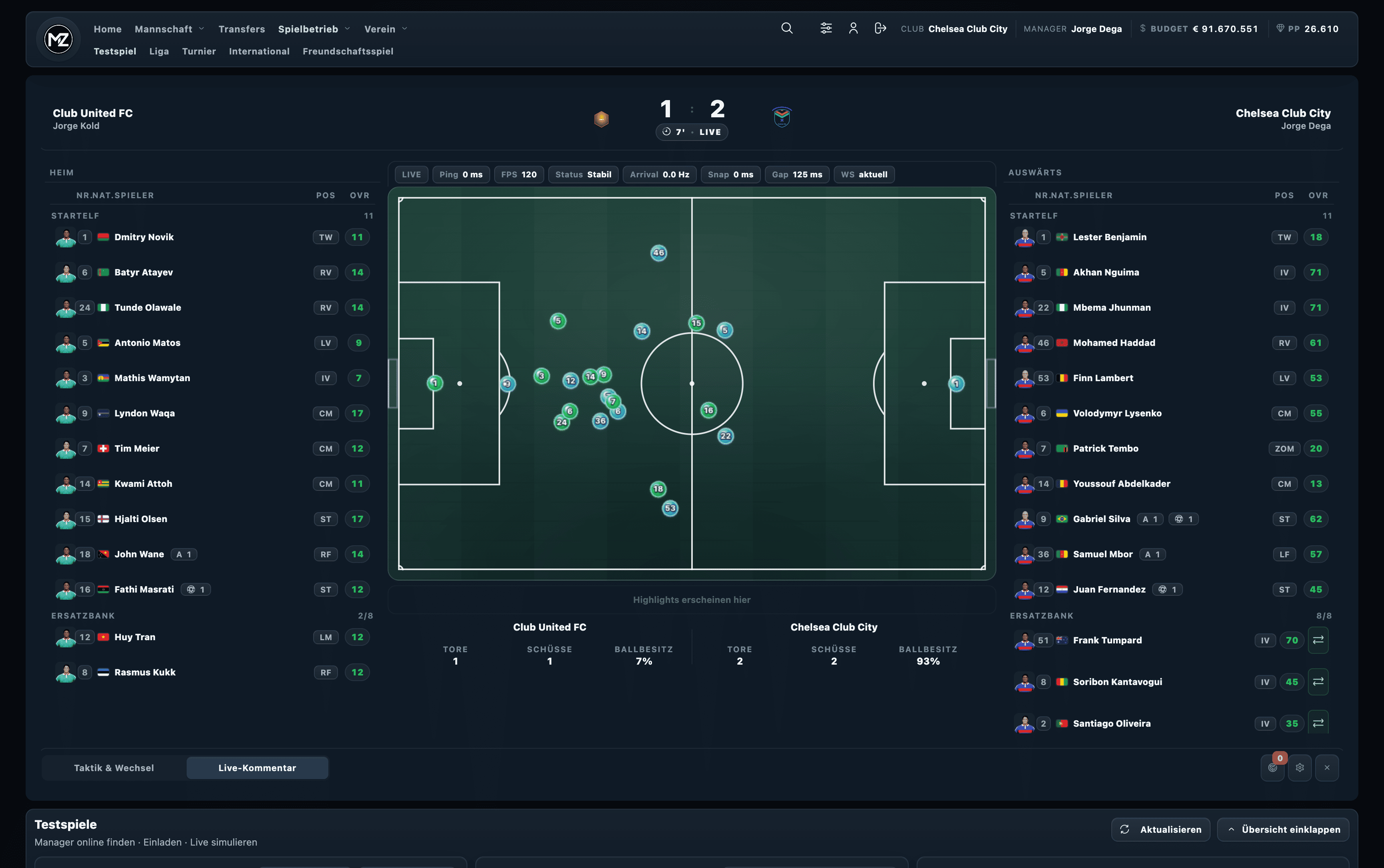 Matchday Zero matchday with a 2D pitch, teams, and score