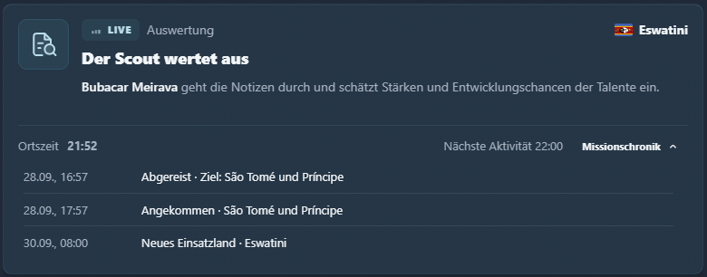 Live-Status einer Scout-Mission in Eswatini: Auswertung, Ortszeit, nächste Aktivität und Missionschronik.