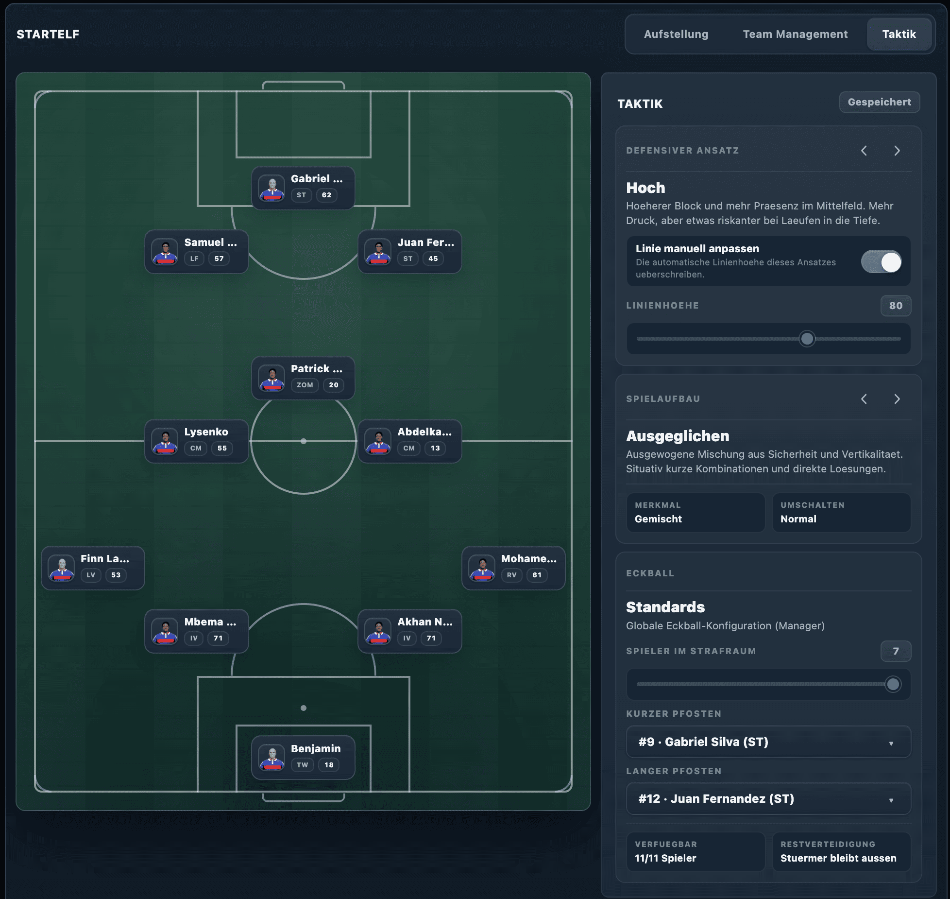 Taktikansicht mit Formation, defensivem Ansatz, Spielaufbau und Standards